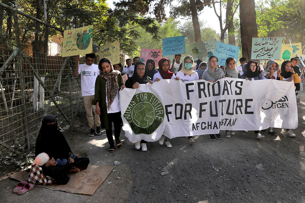 Young people attend a Climate Strike rally, in Kabul, Afghanistan